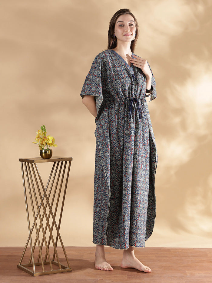 Ajrakh indigo 100% pure cotton kaftan nighty for women