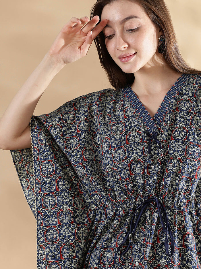 Ajrakh indigo 100% pure cotton kaftan nighty for women