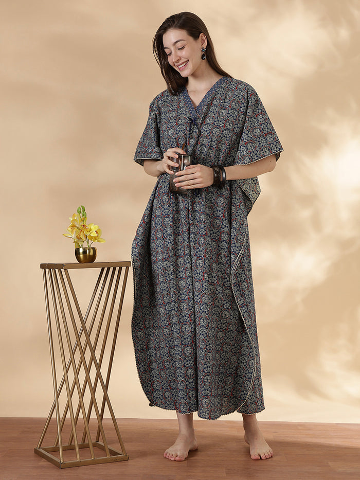 Ajrakh indigo 100% pure cotton kaftan nighty for women