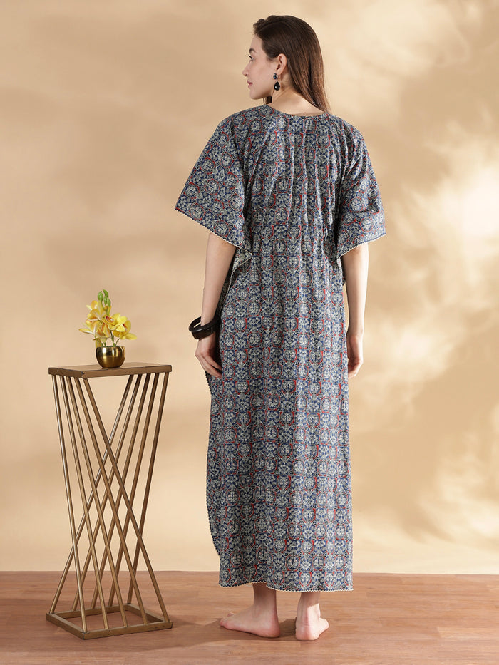 Ajrakh indigo 100% pure cotton kaftan nighty for women