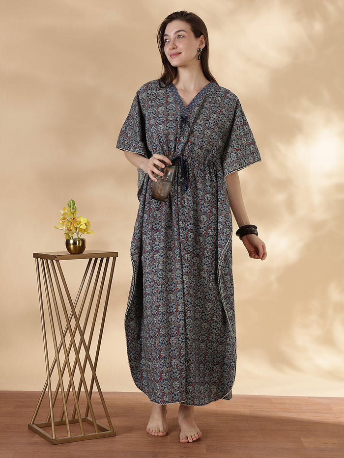 Ajrakh indigo 100% pure cotton kaftan nighty for women