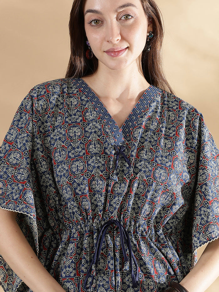 Ajrakh indigo 100% pure cotton kaftan nighty for women