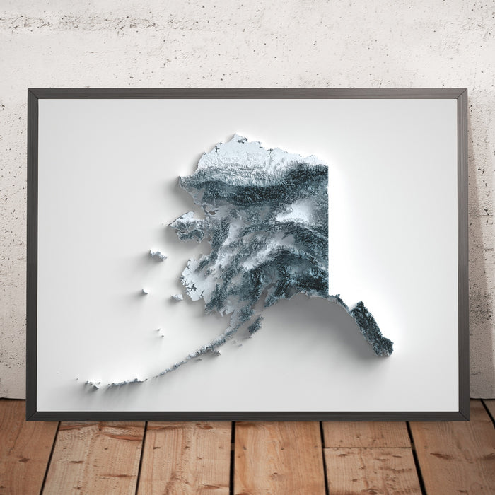 A framed image of a 3D style topographic relief map ofAlaska