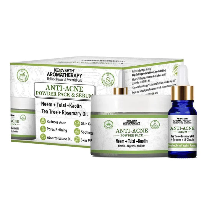 Anti Acne Powder Pack & Serum Facial Kit, Neem Tulsi Kaolin Tea Tree & Rosemary,Absorbs Excess Oil,Pore Refining,Soothes - Keya Seth Aromatherapy