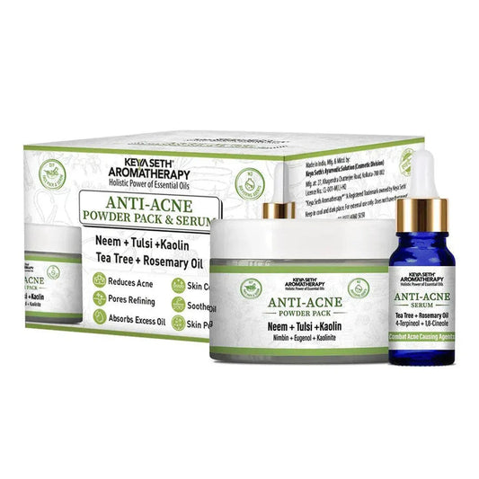 Anti Acne Powder Pack & Serum Facial Kit, Neem Tulsi Kaolin Tea Tree & Rosemary,Absorbs Excess Oil,Pore Refining,Soothes - Keya Seth Aromatherapy
