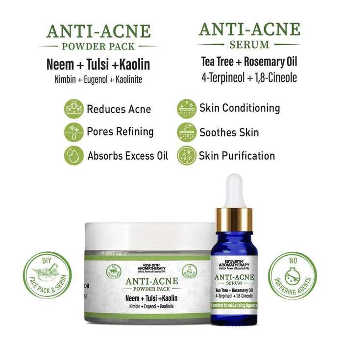 Anti Acne Powder Pack & Serum Facial Kit, Neem Tulsi Kaolin Tea Tree & Rosemary,Absorbs Excess Oil,Pore Refining,Soothes - Keya Seth Aromatherapy