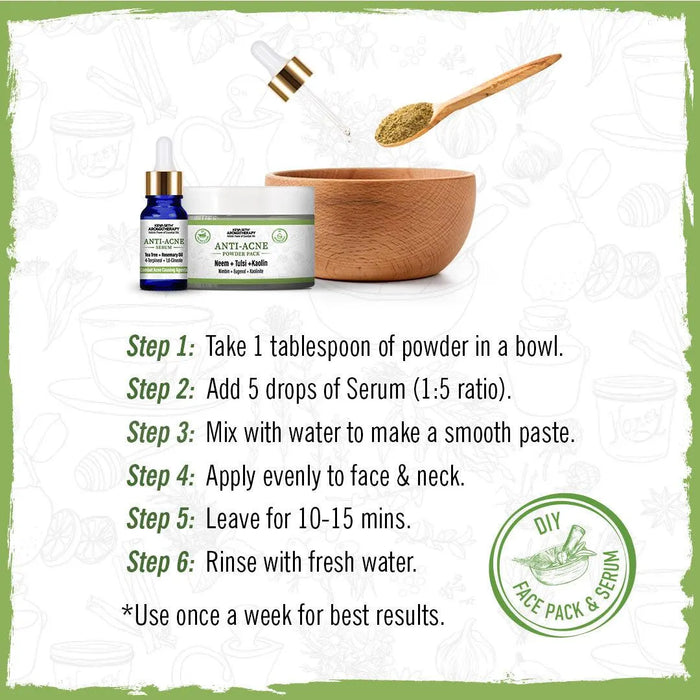 Anti Acne Powder Pack & Serum Facial Kit, Neem Tulsi Kaolin Tea Tree & Rosemary,Absorbs Excess Oil,Pore Refining,Soothes - Keya Seth Aromatherapy
