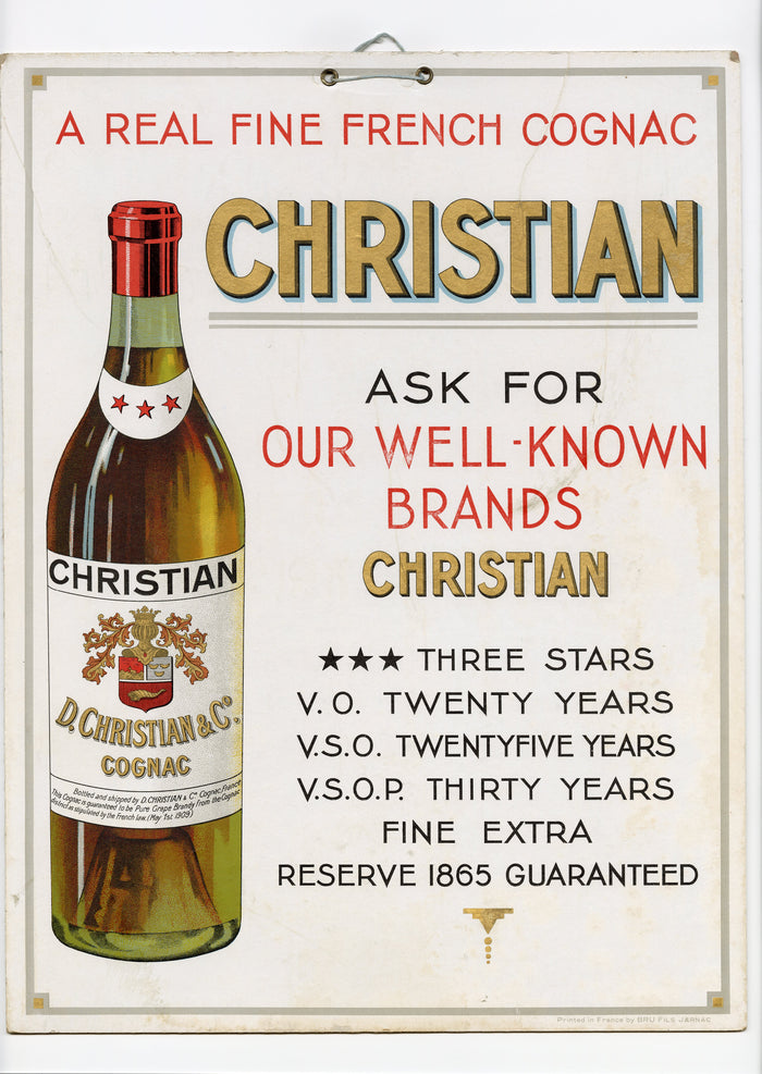 Antique CHRISTIAN FRENCH COGNAC Promotional Sign, Alcohol Advertising