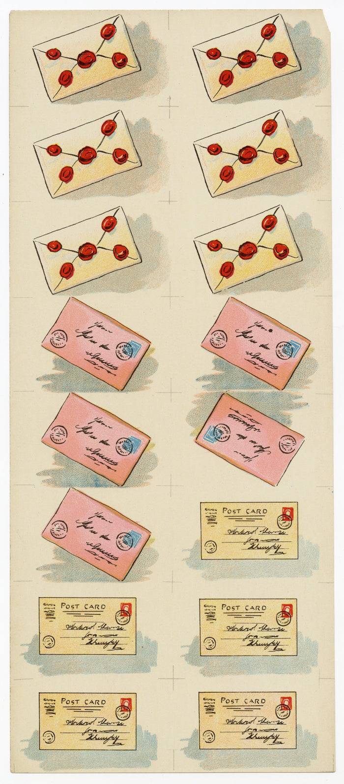 Antique, Unused, Uncut French Game Board Piece Label Sheet, Letters and Envelopes