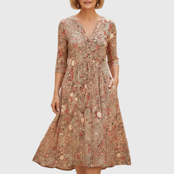 ATHEVIA - Graceful V-neck elegance midi dress