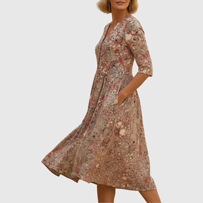 ATHEVIA - Graceful V-neck elegance midi dress