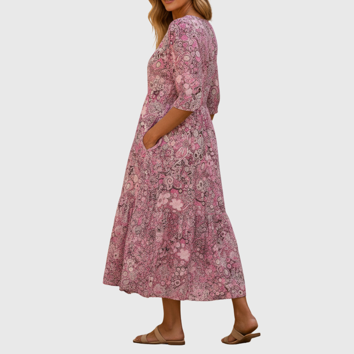 ATHEVIA - Graceful V-neck elegance midi dress