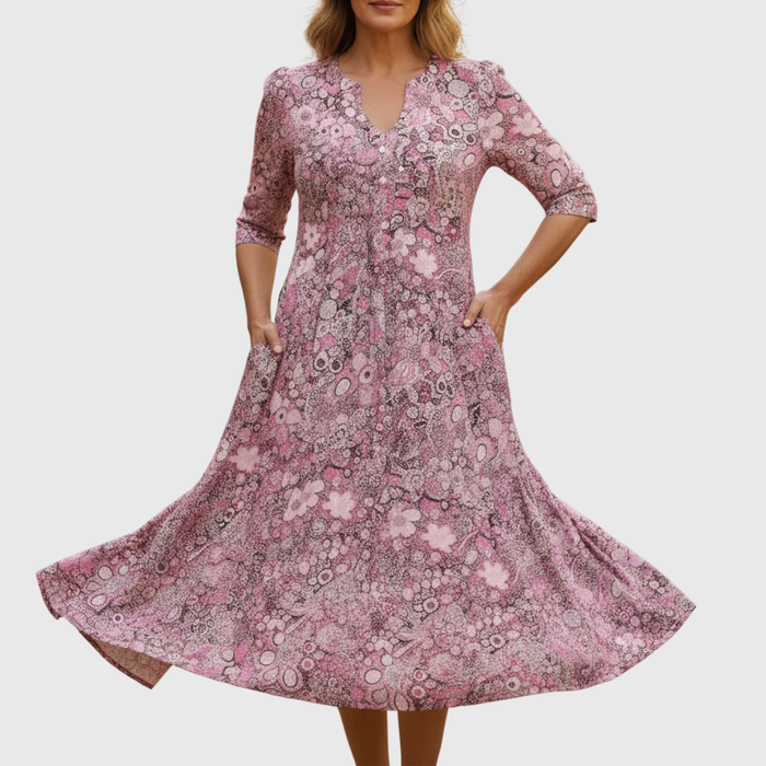ATHEVIA - Graceful V-neck elegance midi dress