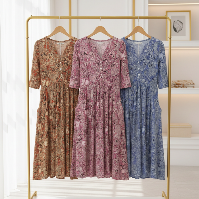 ATHEVIA - Graceful V-neck elegance midi dress