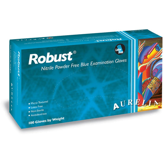Aurelia Robust - Soft Nitrile Blue Exam Glove, Front of box view.