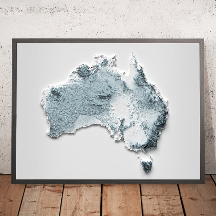 A framed image of a 3D style topographic relief map ofAustralia