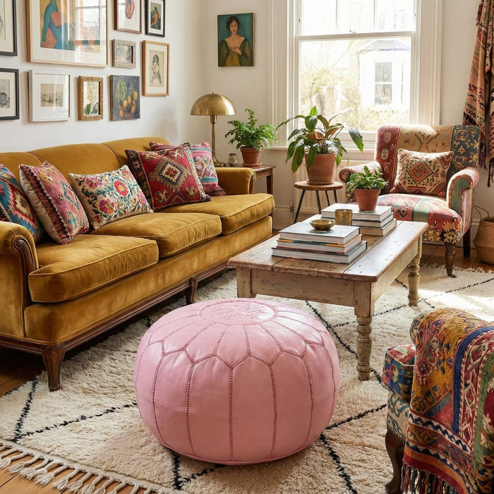 Authentic Moroccan Leather Pouf - Pink - Benisouk