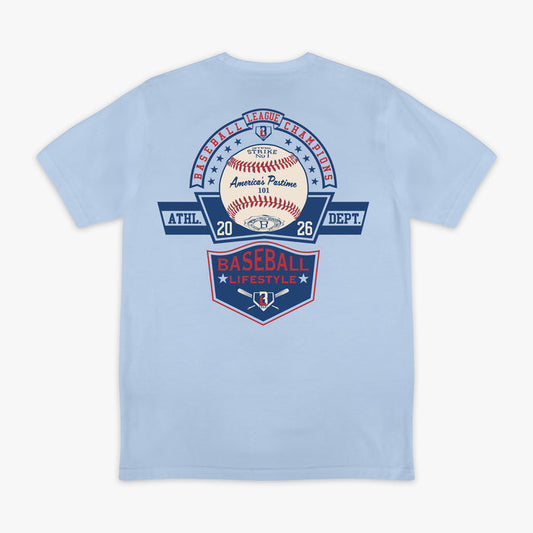 ack flat lay of the BL101 Baseball League Champions light blue tee, featuring a vintage-style "America's Pastime" baseball and Baseball Lifestyle shield graphic on a white background.