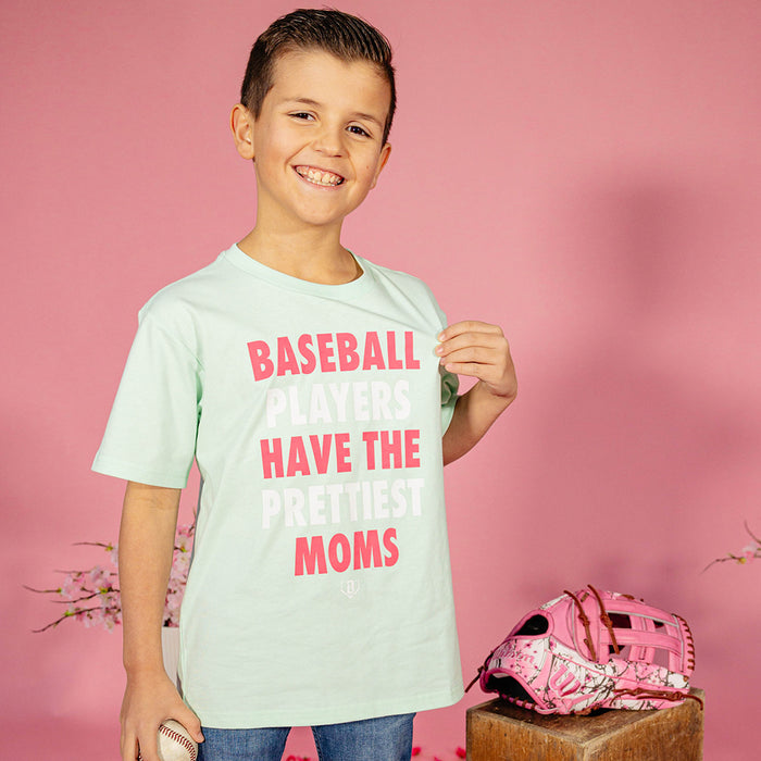 Youth model wearing green Baseball Players Have The Prettiest Moms Mint youth graphic tee