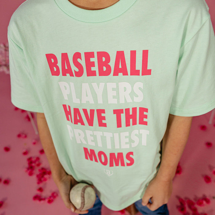 Youth model wearing green Baseball Players Have The Prettiest Moms Mint youth graphic tee