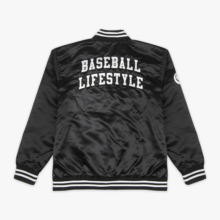 Jacket with “Baseline Satin Jacket” design — back view