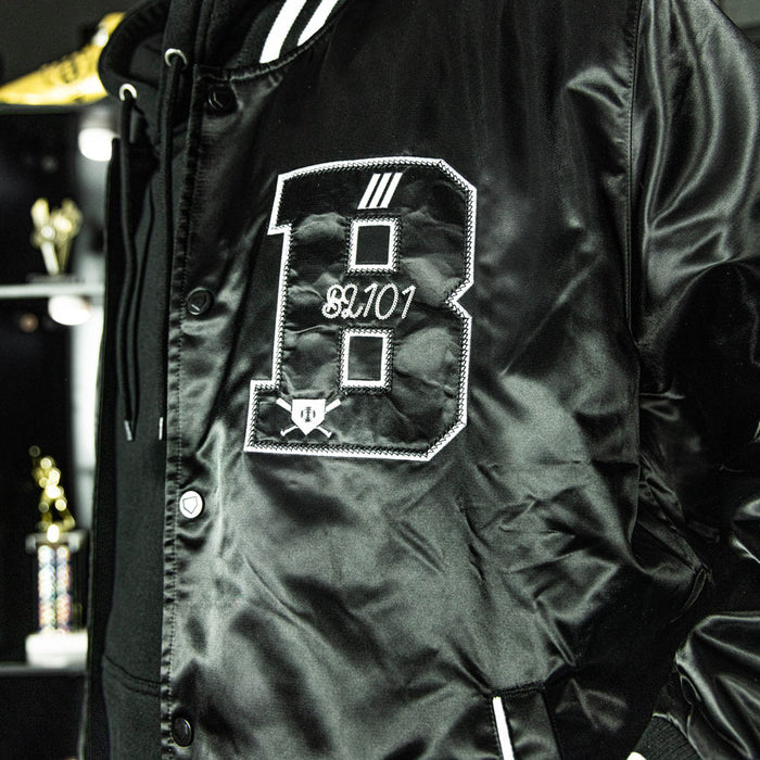 Jacket with “Baseline Satin Jacket” design — front view