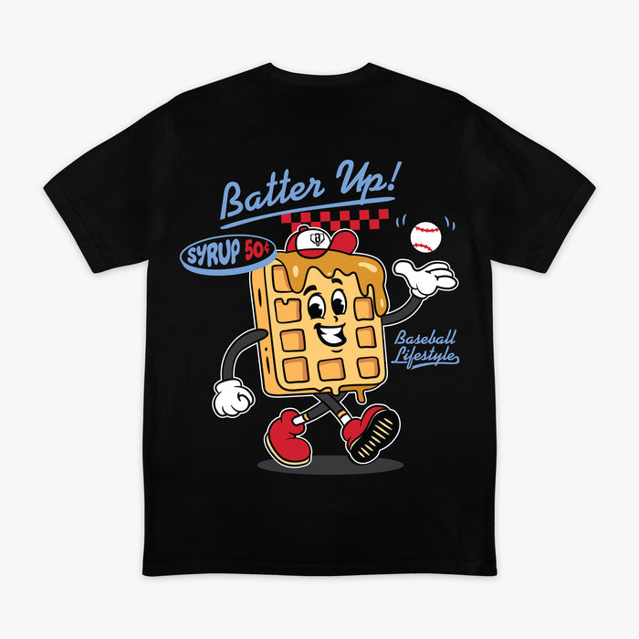 Black t-shirt with a cartoon waffle character and 'Batter Up!' text on a white background