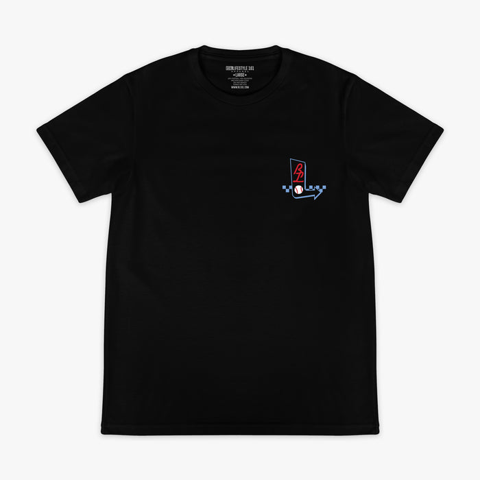 Black t-shirt with a small BL101 logo on the chest against a white background