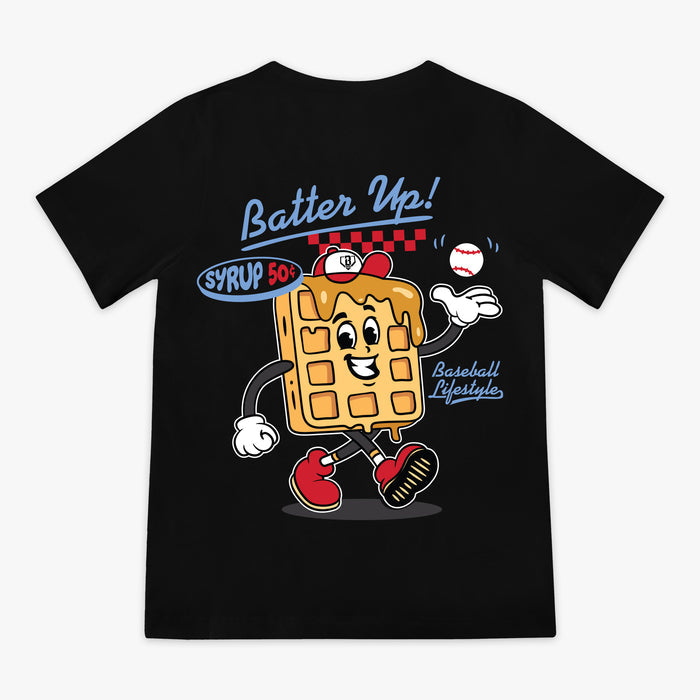 Black t-shirt with a cartoon waffle character and 'Batter Up!' text on a white background