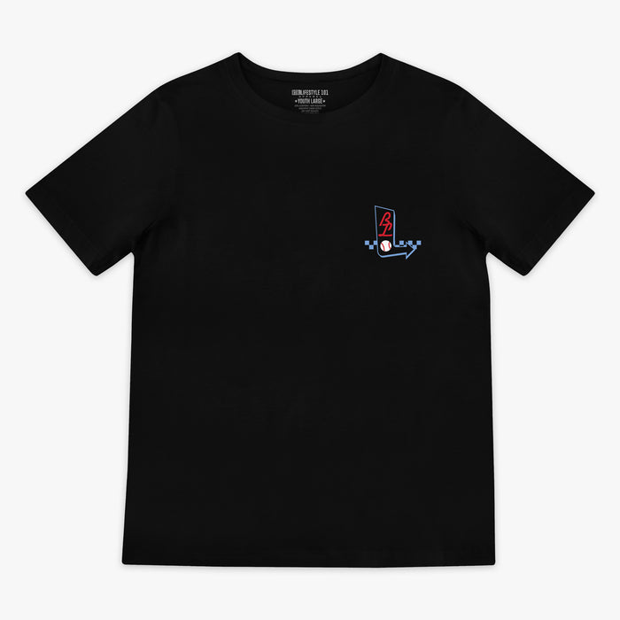 Black t-shirt with a small BL sign logo on the chest against a white background