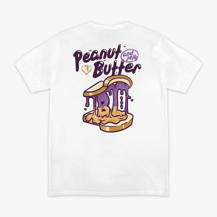 Back flat lay of the BL101 Peanut Butter and Jelly white tee, featuring a dripping PB&J sandwich graphic on a white background.
