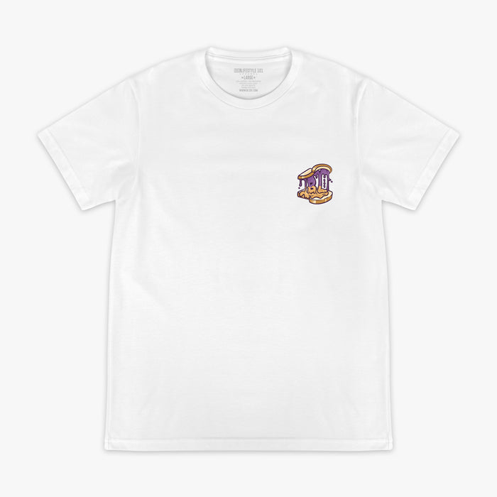 Front flat lay of the BL101 Peanut Butter and Jelly white tee, showing the chest sandwich logo on a white background.