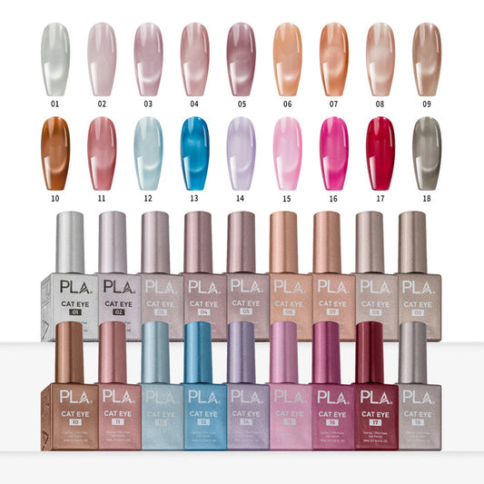 PLA Cat Eye gel nail polish color chart showing 18 sample nail swatches in different shades above 18 matching bottles, including neutral, pink, blue, and metallic finishes.