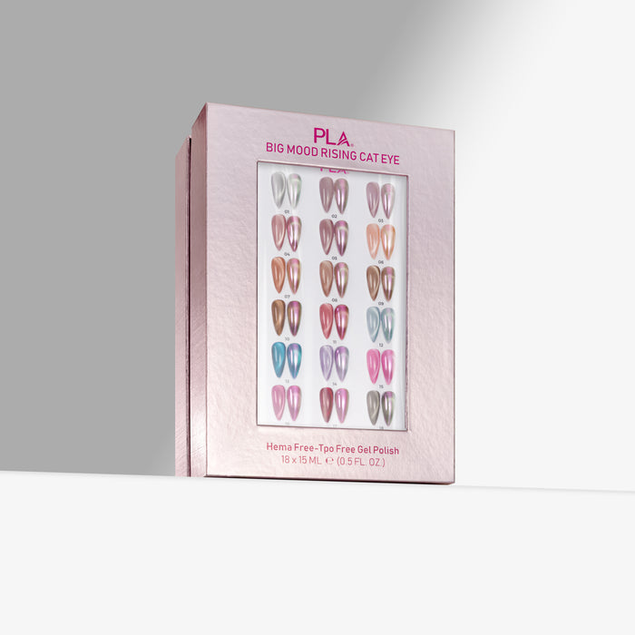 PLA Big Mood Rising Cat Eye HEMA-Free Top Free Gel Polish set in a light pink box with a clear window displaying various nail polish colors.
