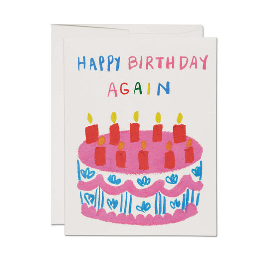 Birthday card with colorful cake illustration and message “Happy Birthday Again”
