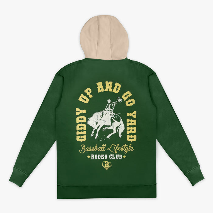 Green hoodie with yellow 'Giddy Up and Go Yard Baseball Lifestyle Rodeo Club' text and horse graphic on the back, on a white background