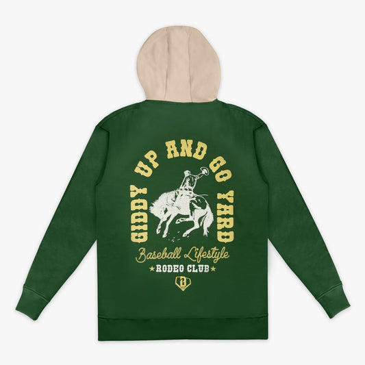Green hoodie with yellow 'Giddy Up and Go Yard Baseball Lifestyle Rodeo Club' text and horse graphic on the back, on a white background