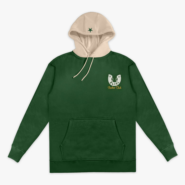 Green hoodie with beige hood and 'BL101 Rodeo Club' horseshoe logo on a white background
