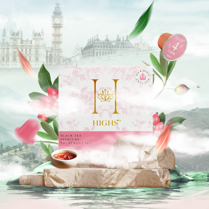 Packaging for Black Tea Manicure Pedicure Treatment with floral and landmark imagery in the background.