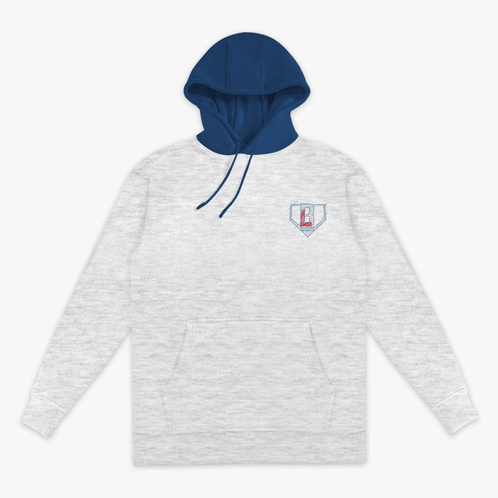 Gray hoodie with blue hood with a blue an red BL101 logo on a white background
