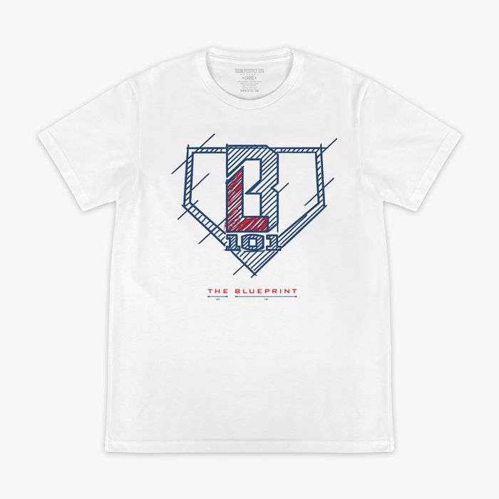 White t-shirt with 'The Blueprint' text, blue and red BL101 logo on a white background