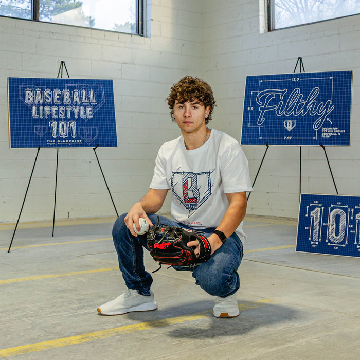 Person holding a baseball glove in front of 'Baseball Lifestyle 101' and 'Flthy' signs.