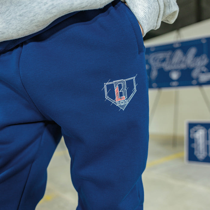 Blue pants with a BL101 logo on the leg, worn by a person, with a blurred background.