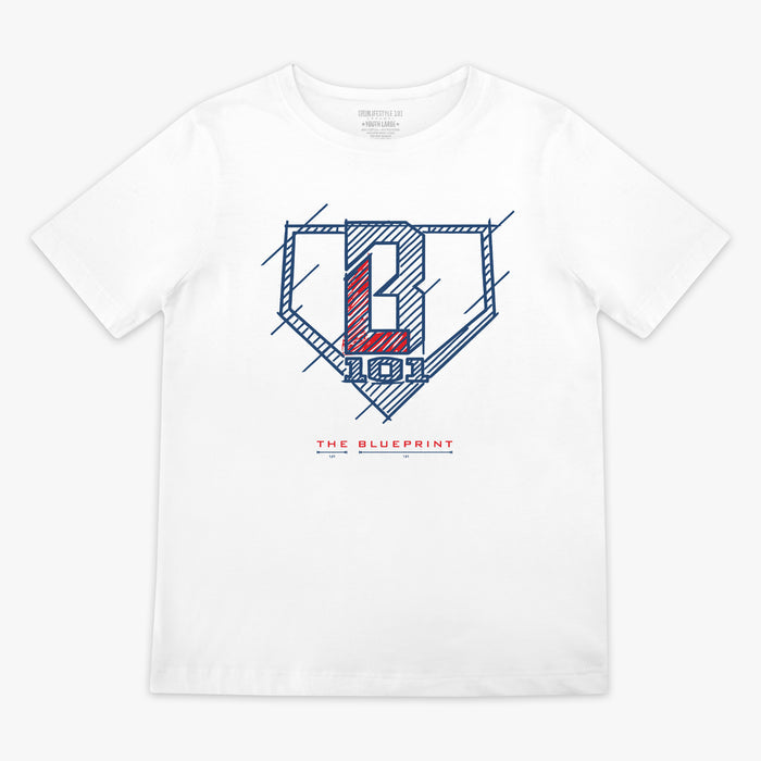 White t-shirt with 'The Blueprint' text, blue and red BL101 logo on a white background