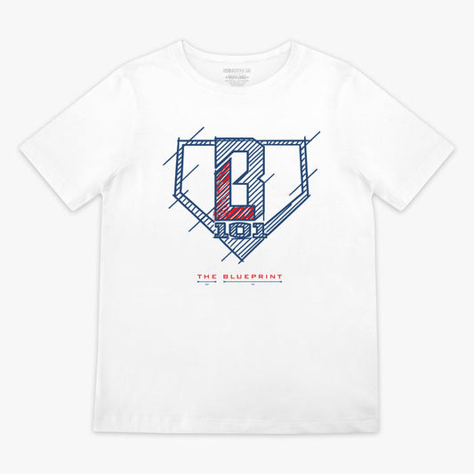 White t-shirt with 'The Blueprint' text, blue and red BL101 logo on a white background