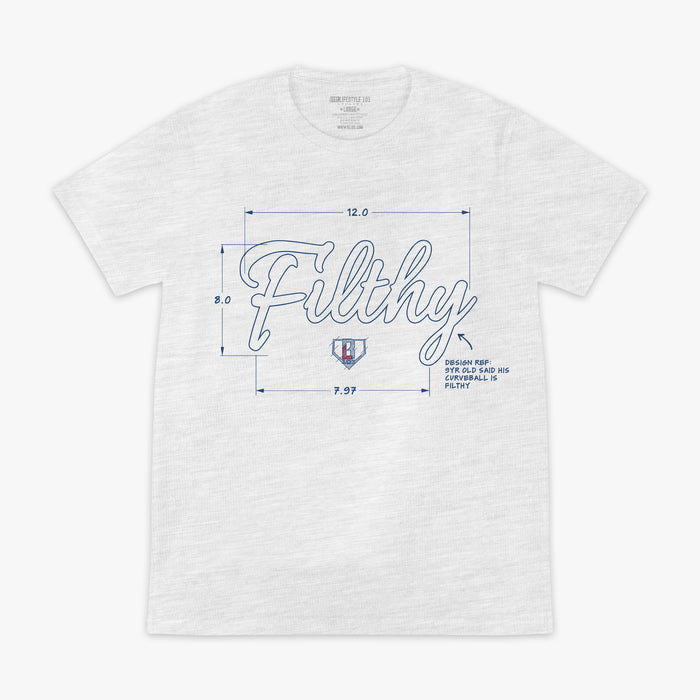 White t-shirt with 'Filthy' graphic design and "Design ref: 9 yr old said his curve ball is filthy" text on a white background