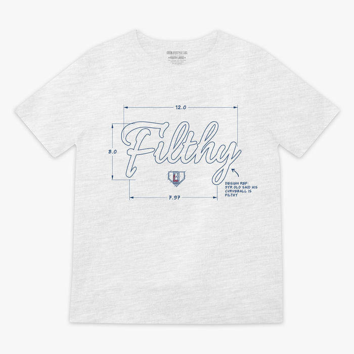 White t-shirt with 'Filthy' graphic design and "Design ref: 9 yr old said his curve ball is filthy" text on a white background