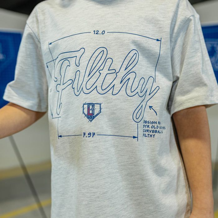 Gray t-shirt with blue 'Filthy' text and graphic design on a blurred background