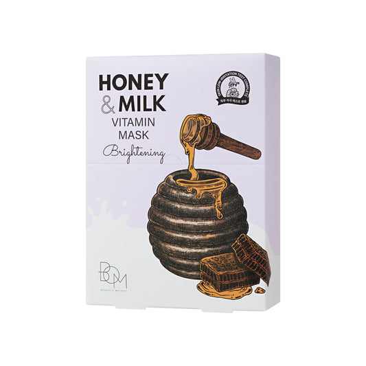 BOM Honey & Milk Vitamin Mask - skaistinančios odą lakštinės veido kaukės, 10 vnt