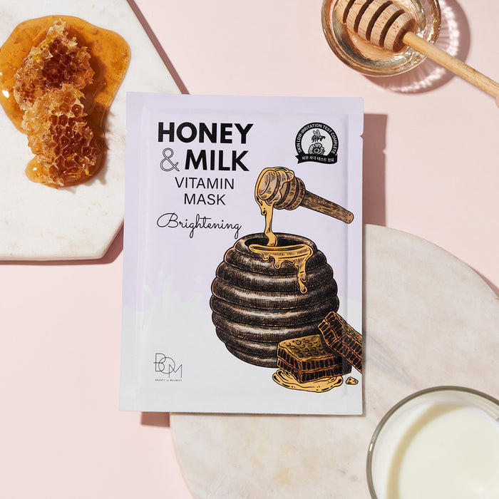 BOM Honey & Milk Vitamin Mask - skaistinančios odą lakštinės veido kaukės, 10 vnt